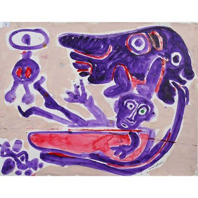 tableau aux tons violets et rouges représentant un homme et une femme sur une planche de surf
