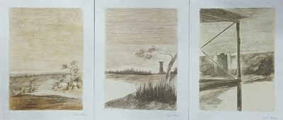 three drawings of a man riding a horse next to a body of water