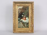 an image of a painting of a woman and a cat in a garden