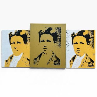 three paintings of a man and a woman on a white background