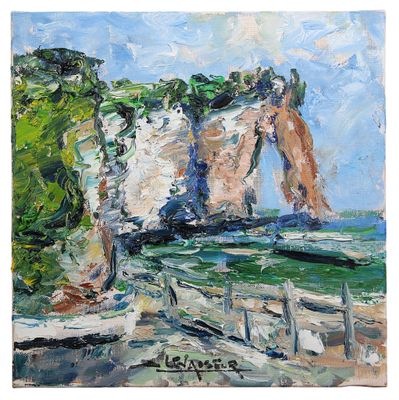 une peinture représentant une peinture d'une formation rocheuse près de l'océan