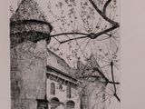 drawing of a castle with a tree in front of it