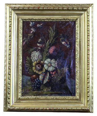 an oil painting of flowers in a vase on a table