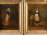two paintings of a woman and a man with a basket of flowers