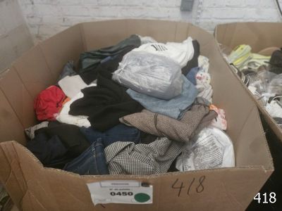 une boîte en carton pleine de vêtements posée sur le sol