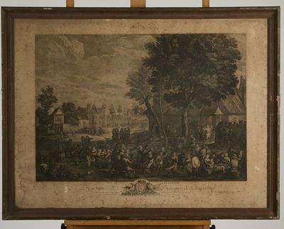an old picture of a painting on a easel in a room