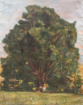 une peinture à l'huile représentant un grand arbre dans un champ, avec une personne assise à son pied