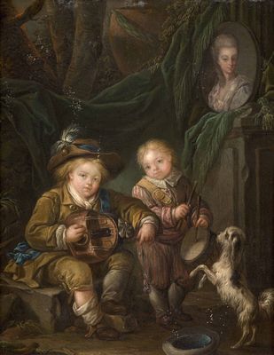un tableau représentant deux enfants et un chien dans un décor boisé