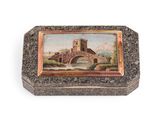 an image of a small box with a painting of a bridge on it