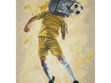 tableau représentant un footballeur avec une tête de téléviseur sur la tête