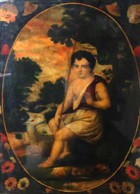tableau représentant un garçon avec un bâton et un mouton dans un champ