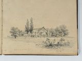an old book with a drawing of a house in the middle of a field