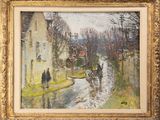 an image of a painting of people walking down a street in the rain