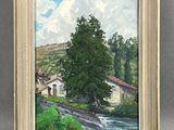 an oil painting of a house by a river with a mountain in the background