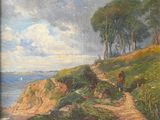 une image représentant un tableau où l'on voit des personnes marchant sur un sentier au bord de l'eau