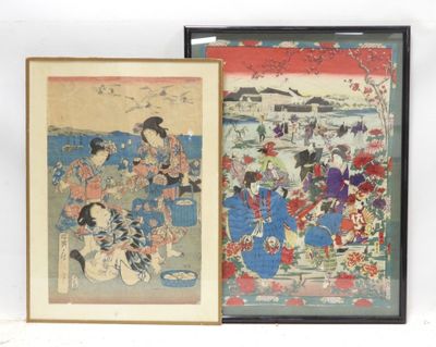 two framed prints of women in kimono robes sitting on a bench