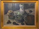 une peinture représentant une nature morte avec une théière et d'autres objets