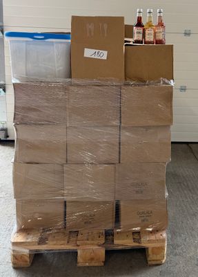 a pallet full of boxes and bottles on a pallet