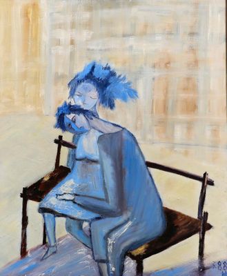 une peinture à l'huile représentant une femme assise sur un banc, aux cheveux bleus
