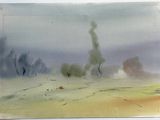 une aquarelle représentant un champ avec des arbres au loin