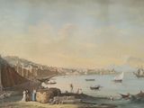 a painting of a view of a harbor with boats on the water