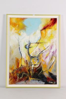 une peinture abstraite représentant un arbre dans un ciel jaune, orange et bleu