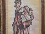 une peinture à l'huile représentant une femme tenant un enfant dans ses bras