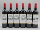 six bouteilles de vin rouge sont alignées