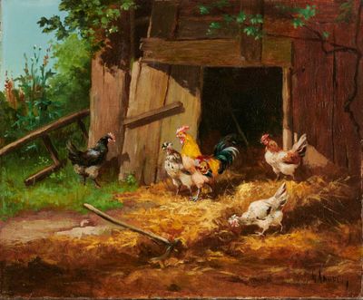 une peinture à l'huile représentant des poulets dans une grange, avec du foin par terre