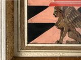 a picture of a picture of a lion under a red umbrella