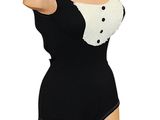 female mannequin wearing a black swimsuit and a straw hat