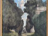 an oil painting of a woman walking down a path in a park