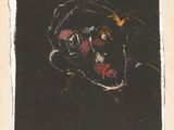 painting of a black dog with a red nose on a black background