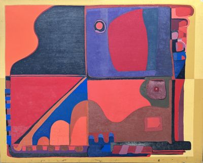 abstract painting of a red, blue, yellow, and black painting
