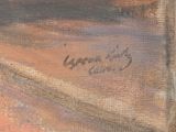 an oil painting of a man riding a horse down a dirt road