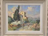 une peinture à l'huile représentant une scène de village avec un cheval et une calèche