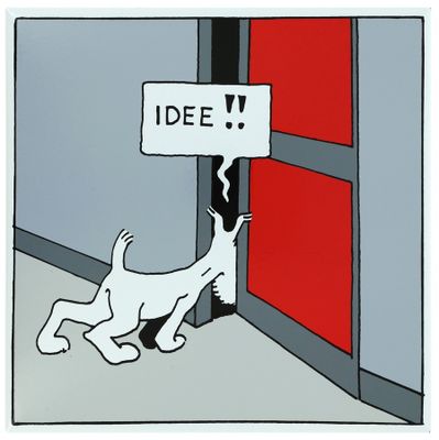 an image of a cartoon of a dog with a sign in its mouth