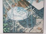 une peinture représentant une table et des chaises sur une terrasse