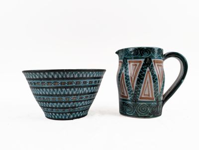 two mugs sitting next to each other on a white surface