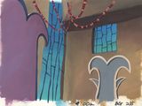 a picture of a painting of a room with a vase on the wall