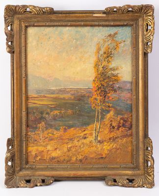 un tableau représentant un paysage avec un arbre solitaire au premier plan