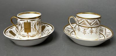 two cups and saucers are sitting on a table