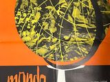 an orange and black movie poster with a globe on it