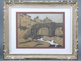a painting of a bridge over a river with buildings in the background