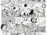 a page from a comic strip with a black and white image of a group of people