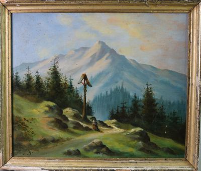 tableau représentant un oiseau perché au sommet d'une montagne, avec une chaîne de montagnes en arrière-plan
