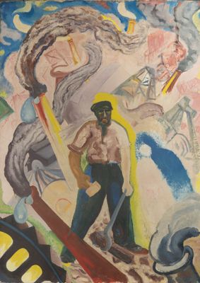 un tableau représentant un homme tenant une planche de surf sur la plage