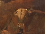 a painting of a group of cows laying on the ground