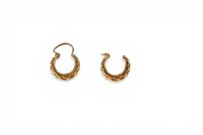 a pair of gold hoop earrings on a white background