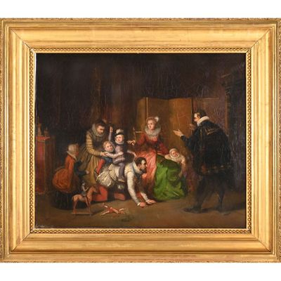 une image d'un tableau représentant un groupe de personnes dans une pièce
